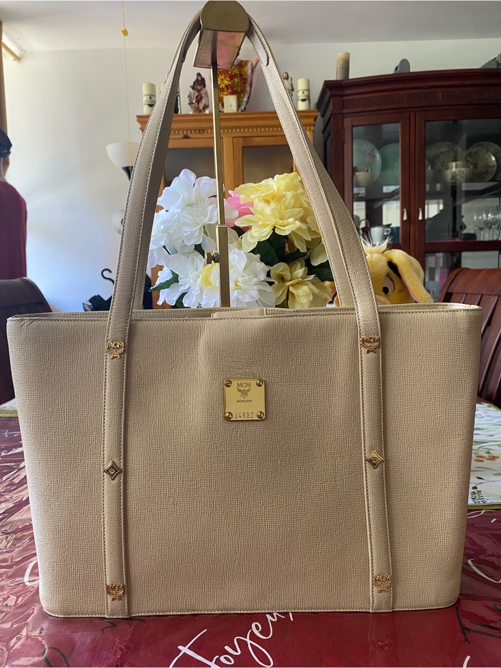 MCM Beige Leather Tote with Gold Plaque